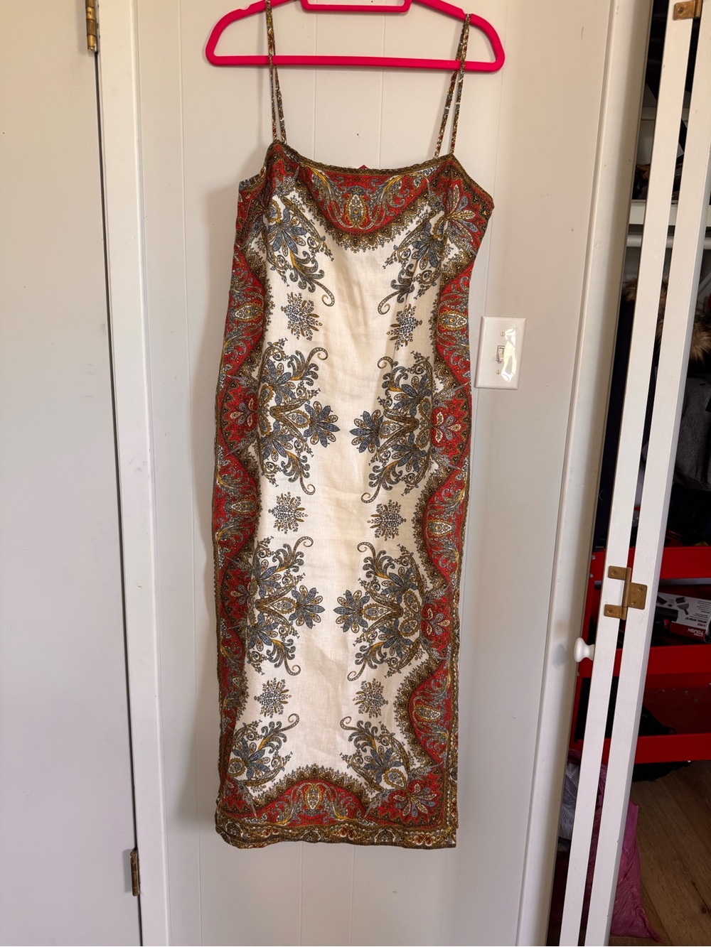 Veronica Beard Cream Paisley Maxi Slip Dress with Red Border